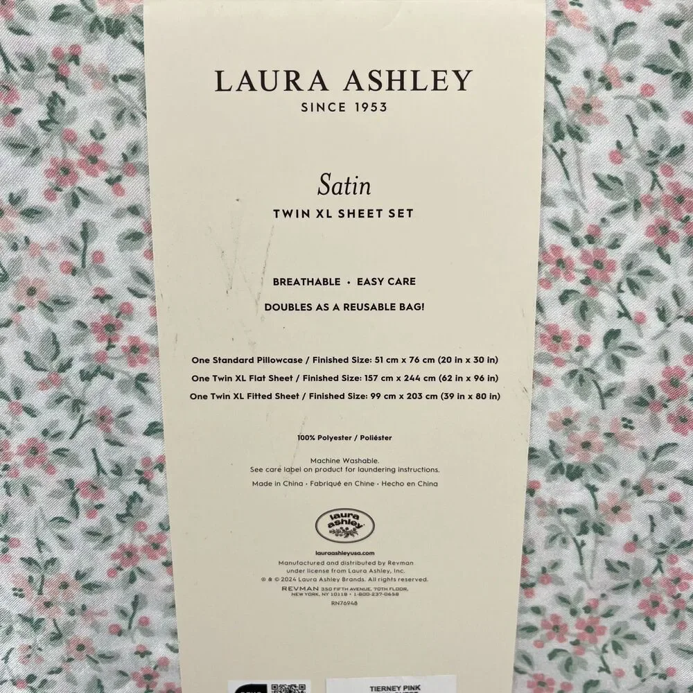 Laura Ashley Satin Sheet Set XL Twin Pink‎ Green Floral Tierney cottage country